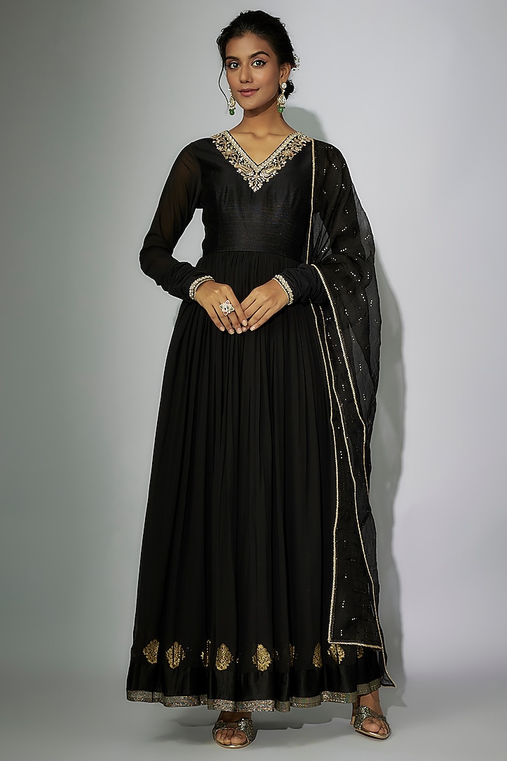 Black Woven Georgette Zardosi Embroidered Anarkali Set by Nadima Saqib at Pernia's Pop Up Shop