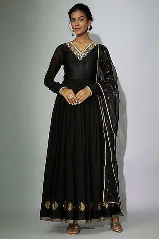 Black Woven Georgette Zardosi Embroidered Anarkali Set by Nadima Saqib