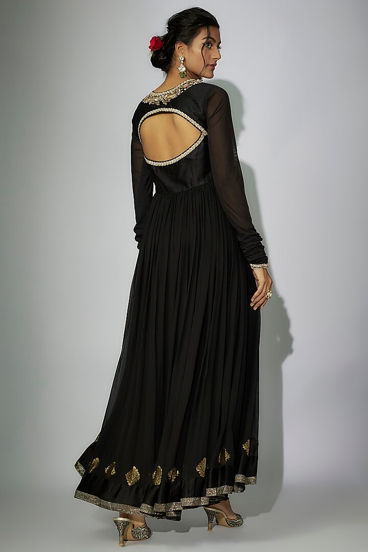 Black Woven Georgette Zardosi Embroidered Wedding Anarkali Set by Nadima Saqib at Pernia's Pop Up Shop