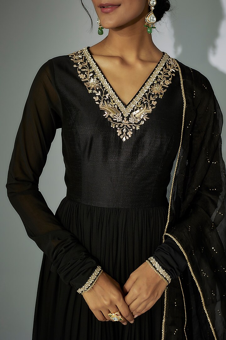 Black Woven Georgette Zardosi Embroidered Wedding Anarkali Set by Nadima Saqib at Pernia's Pop Up Shop