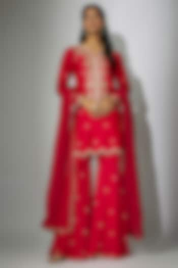 Cherry Red Georgette Gharara Set by Nadima Saqib at Pernia's Pop Up Shop