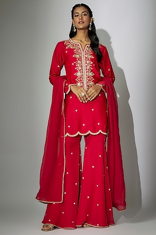 Cherry Red Georgette Gharara Set by Nadima Saqib