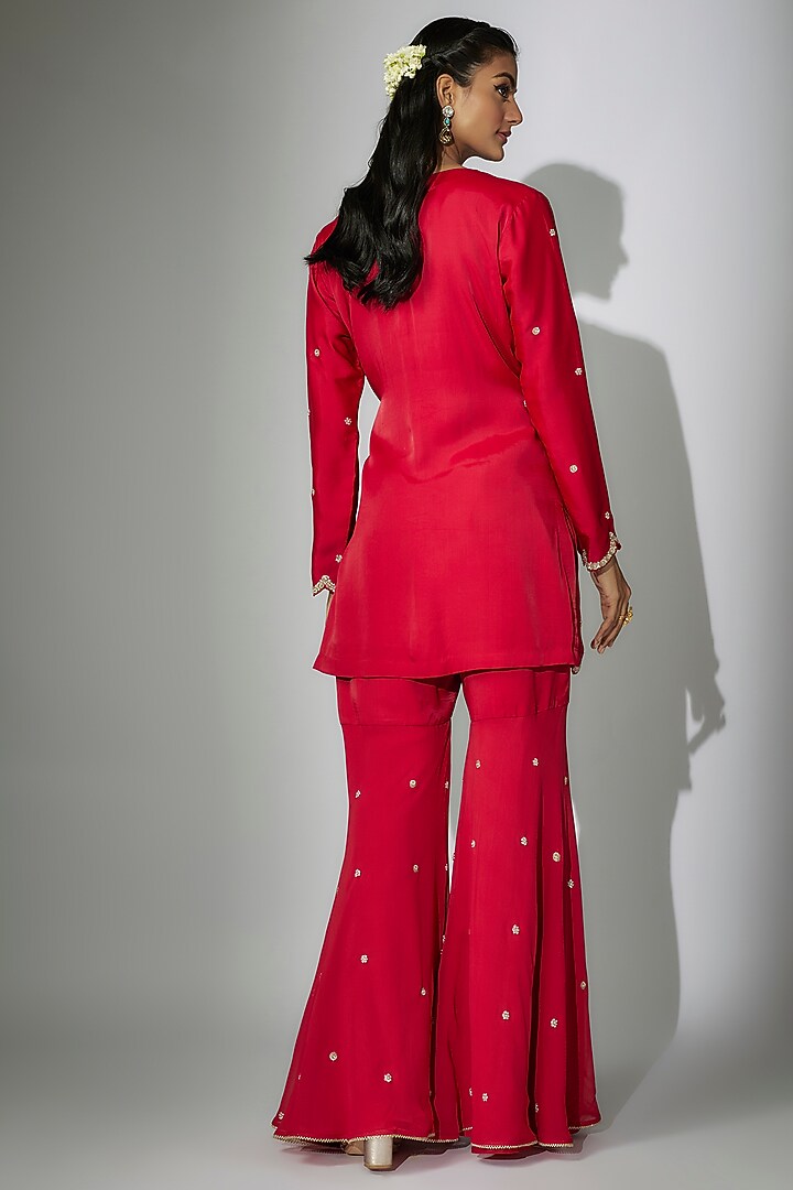 Cherry Red Georgette Gharara Set by Nadima Saqib at Pernia's Pop Up Shop