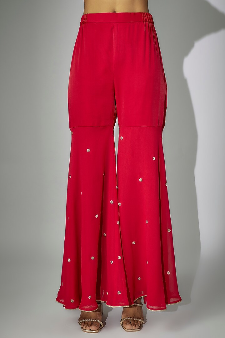 Cherry Red Georgette Gharara Set by Nadima Saqib at Pernia's Pop Up Shop