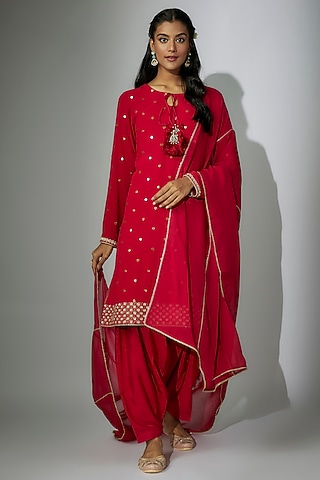 Cherry Red Georgette Marodi Embroidered Kurta Set by Nadima Saqib