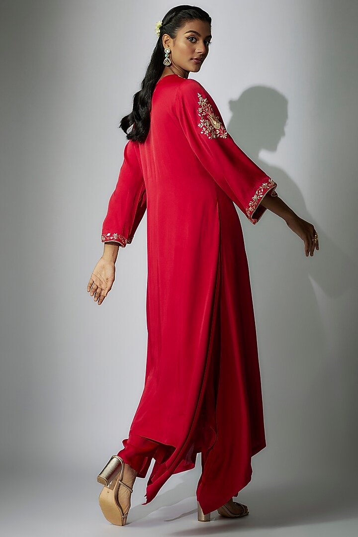Cherry Red Satin Crepe Marodi Embroidered Asymmetric Kurta Set by Nadima Saqib at Pernia's Pop Up Shop