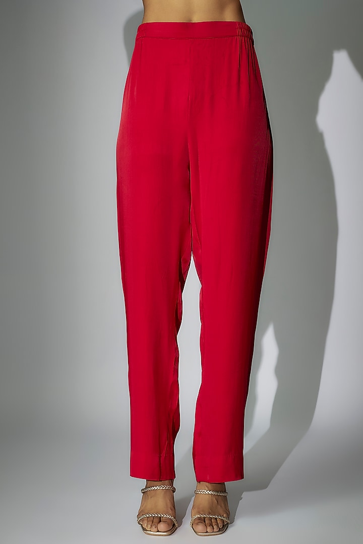 Cherry Red Satin Crepe Marodi Embroidered Asymmetric Kurta Set by Nadima Saqib at Pernia's Pop Up Shop