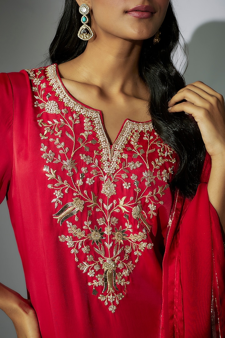 Cherry Red Satin Crepe Marodi Embroidered Asymmetric Kurta Set by Nadima Saqib at Pernia's Pop Up Shop