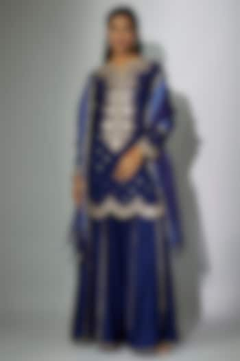 Royal Blue Dupion Silk Zardosi Embroidered Sharara Set by Nadima Saqib at Pernia's Pop Up Shop