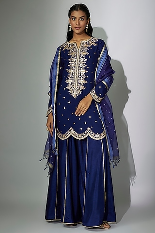 Royal Blue Dupion Silk Zardosi Embroidered Sharara Set by Nadima Saqib