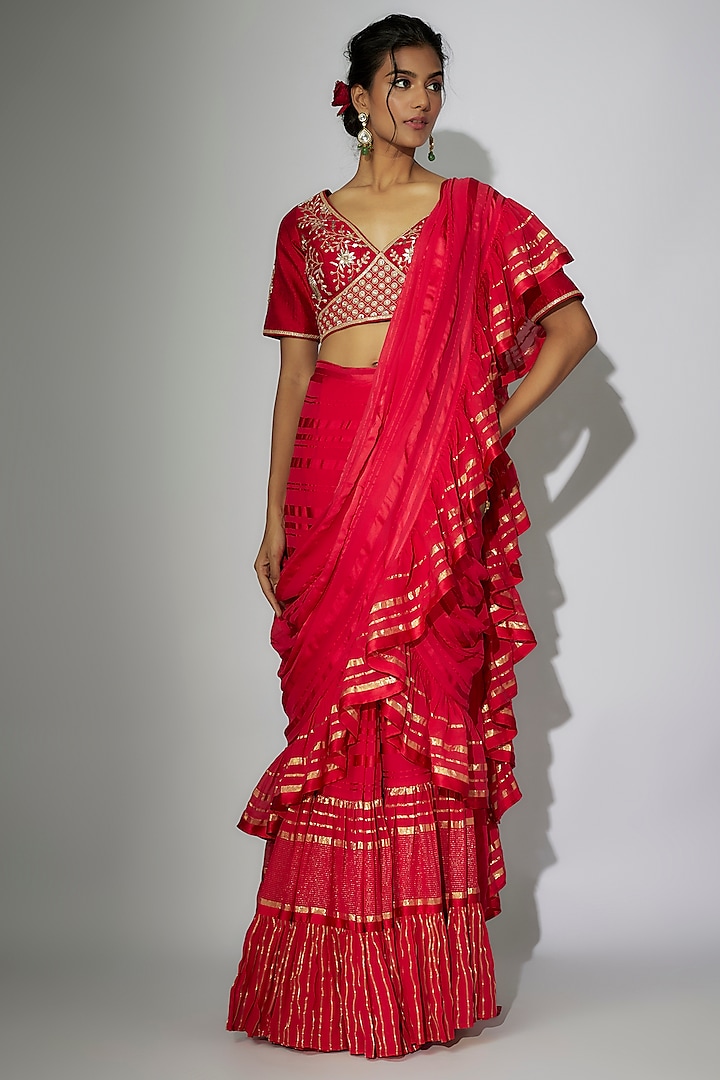 Cherry Red Georgette Marodi Embroidered Pre-Stitched Ruffled Saree Set by Nadima Saqib at Pernia's Pop Up Shop