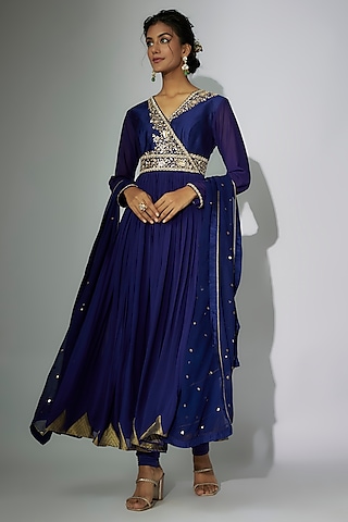 Royal Blue Chanderi Zardosi Embroidered Angrakha Anarkali Set by Nadima Saqib