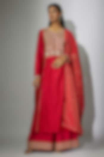 Cherry Red Dupion Silk Zardosi Embroidered Kurta Set by Nadima Saqib at Pernia's Pop Up Shop