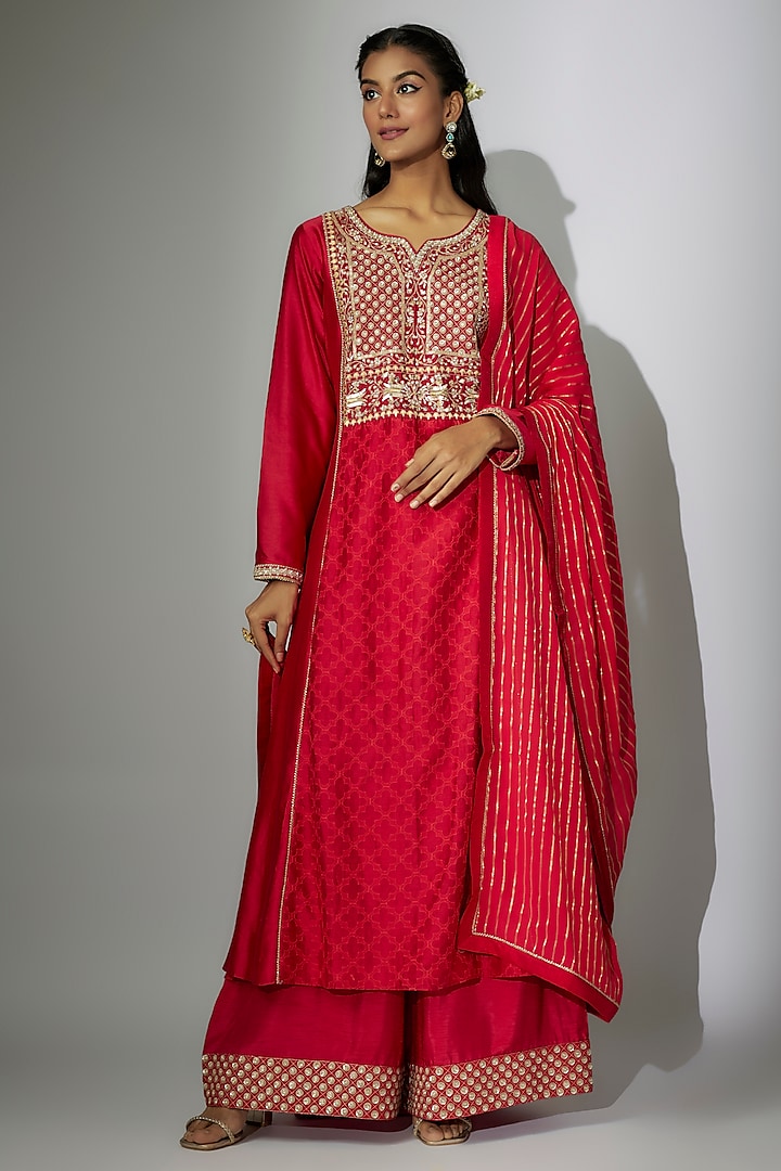 Cherry Red Dupion Silk Zardosi Embroidered Kurta Set by Nadima Saqib at Pernia's Pop Up Shop