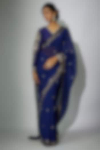 Royal Blue Organza Zardosi Work Saree Set by Nadima Saqib at Pernia's Pop Up Shop