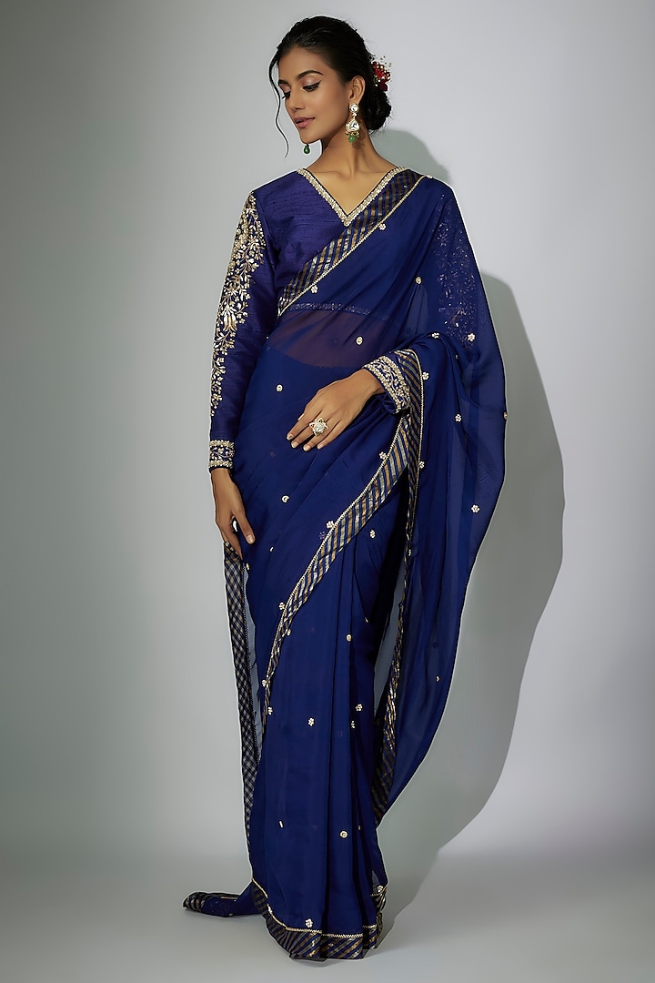 Royal Blue Organza Zardosi Work Saree Set by Nadima Saqib at Pernia's Pop Up Shop