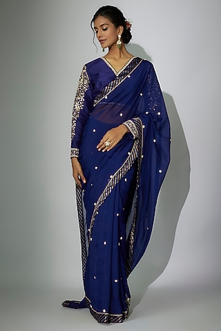 Royal Blue Organza Zardosi Work Saree Set by Nadima Saqib