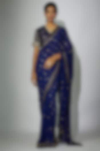 Royal Blue Georgette Zardosi Embroidered Saree Set by Nadima Saqib at Pernia's Pop Up Shop