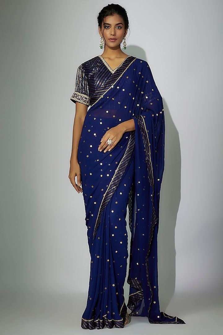 Royal Blue Georgette Zardosi Embroidered Saree Set by Nadima Saqib at Pernia's Pop Up Shop