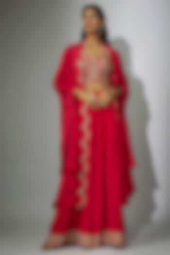 Cherry Red Crepe Zardosi Embroidered Sharara Set by Nadima Saqib at Pernia's Pop Up Shop