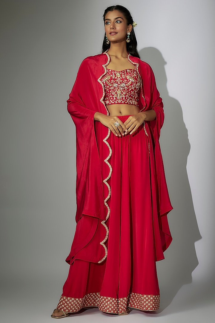 Cherry Red Crepe Zardosi Embroidered Sharara Set by Nadima Saqib at Pernia's Pop Up Shop