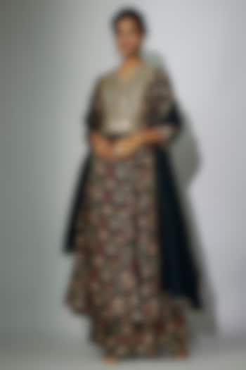 Navy Blue Dupion Silk Printed Gharara Set by Nadima Saqib at Pernia's Pop Up Shop