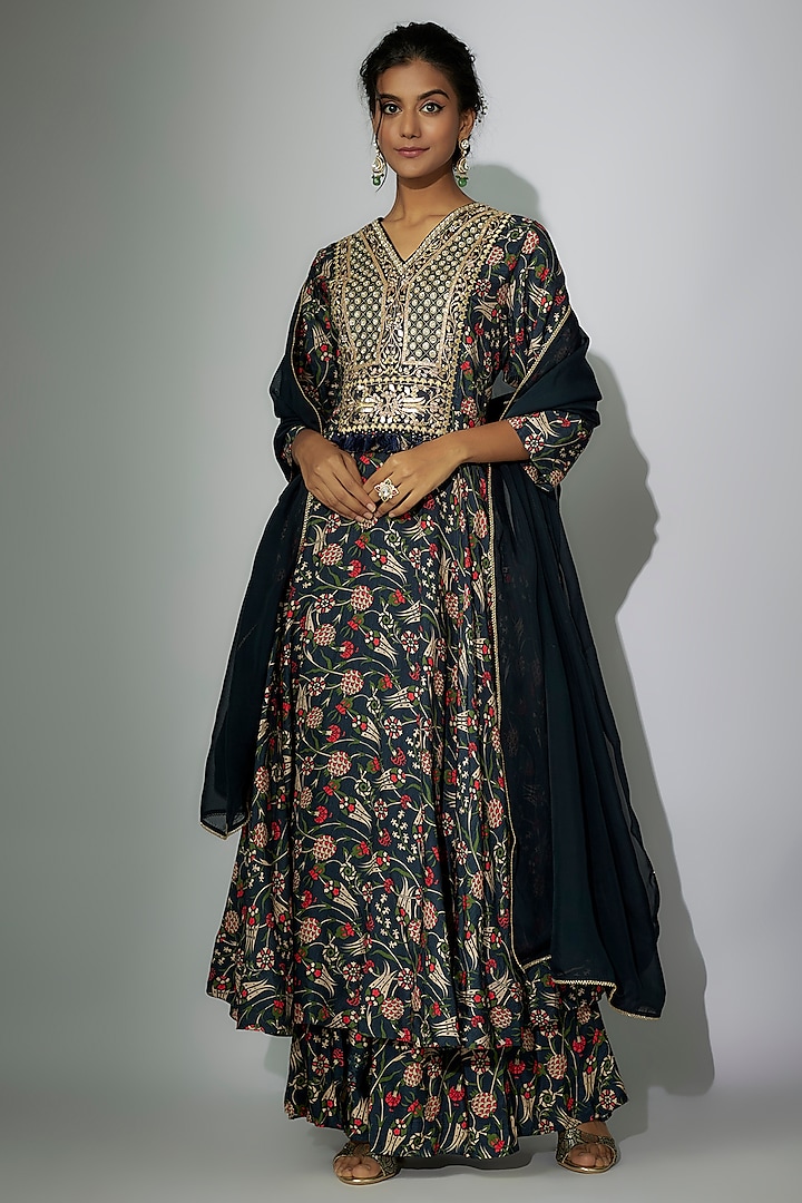 Navy Blue Dupion Silk Printed Gharara Set by Nadima Saqib at Pernia's Pop Up Shop