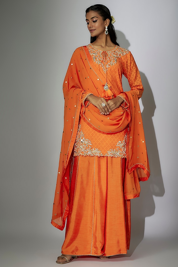 Orange Dupion Silk Sharara Set by Nadima Saqib at Pernia's Pop Up Shop