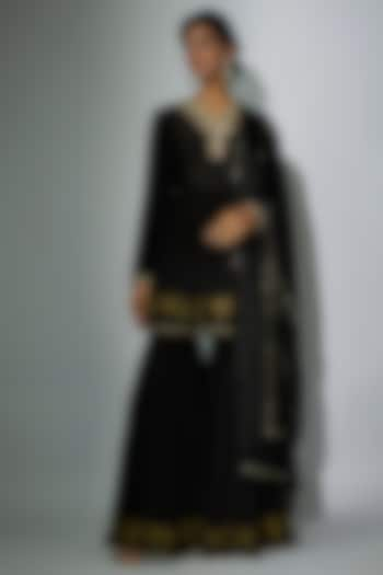 Black Woven Georgette Gharara Set by Nadima Saqib at Pernia's Pop Up Shop