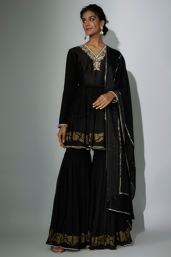 Black Woven Georgette Gharara Set by Nadima Saqib at Pernia's Pop Up Shop