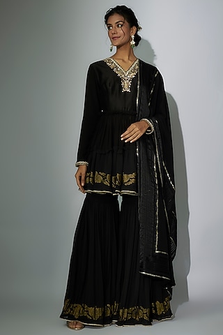 Black Woven Georgette Gharara Set by Nadima Saqib