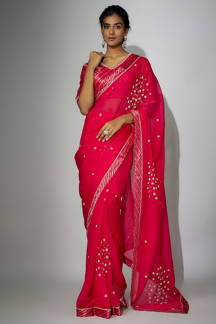 Hot Pink Organza Zardosi Embroidered Saree Set by Nadima Saqib at Pernia's Pop Up Shop