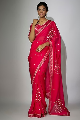 Hot Pink Organza Zardosi Embroidered Saree Set by Nadima Saqib