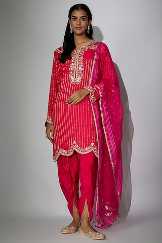 Hot Pink Dupion Silk Dhoti Set by Nadima Saqib