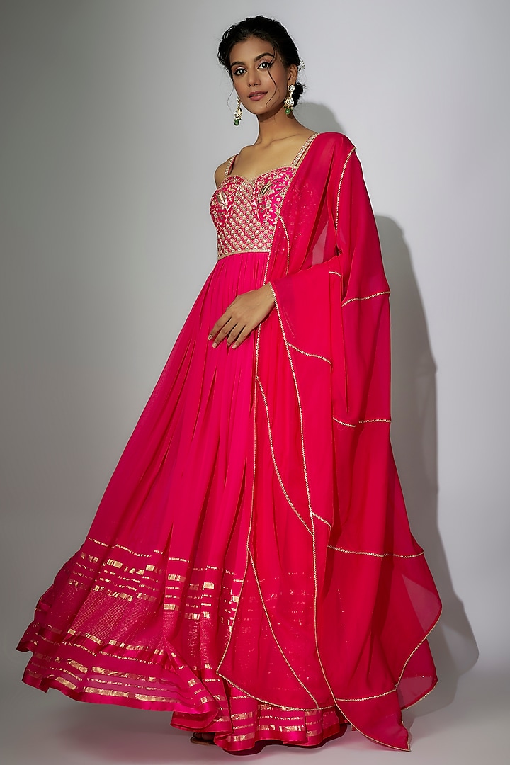 Hot Pink Woven Georgette Zardosi Embroidered Gown by Nadima Saqib at Pernia's Pop Up Shop