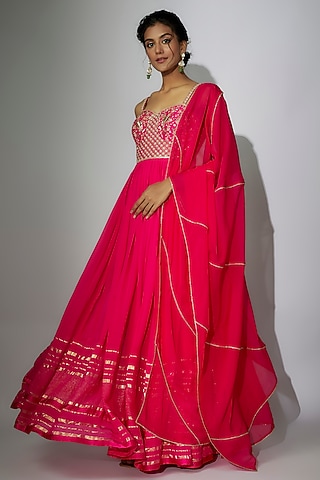 Hot Pink Woven Georgette Zardosi Embroidered Gown by Nadima Saqib
