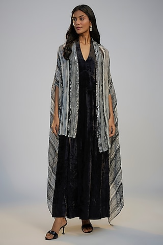 Black Velvet Dress With Cape by Nadima Saqib
