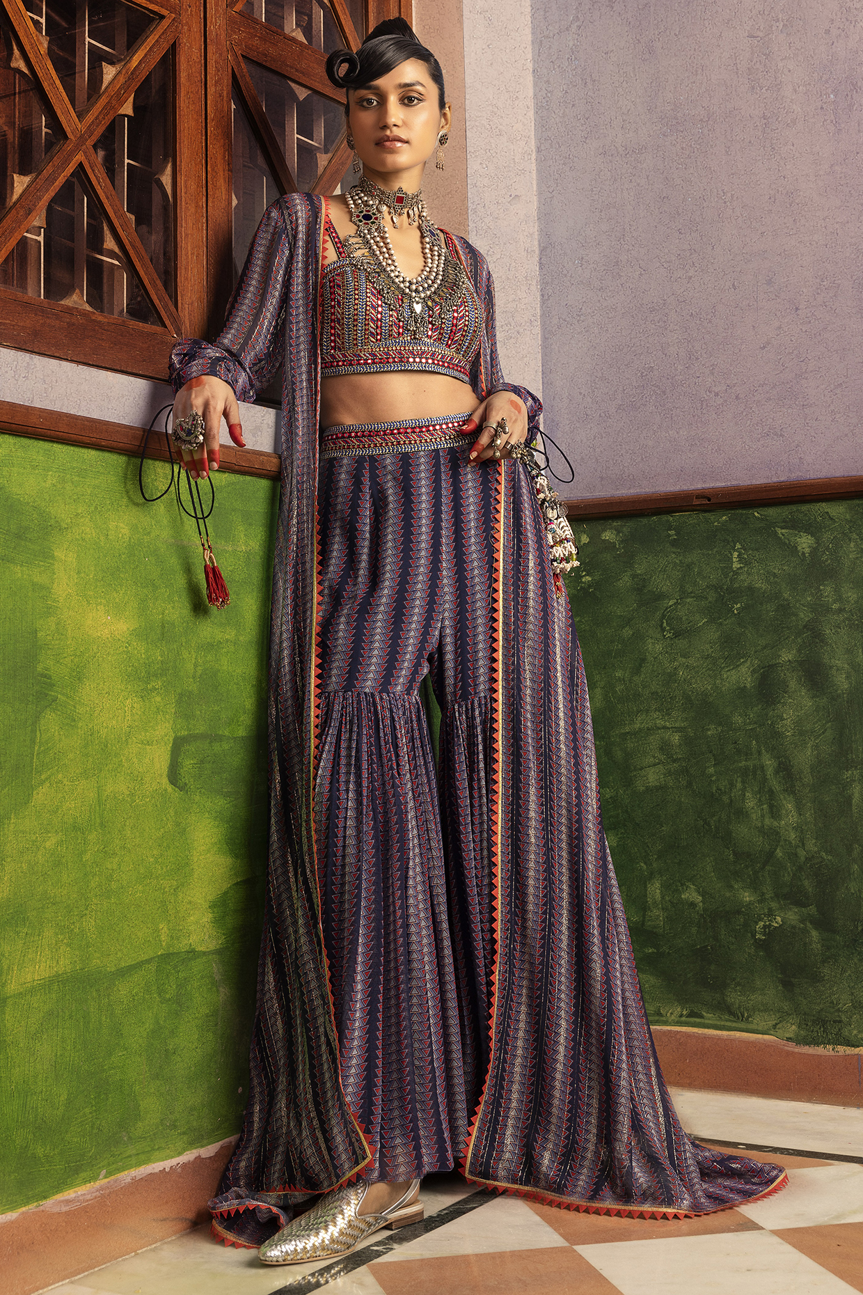 Blue Lurex Georgette Digital Printed Jacket Set by Nadima Saqib at Pernia's Pop Up Shop