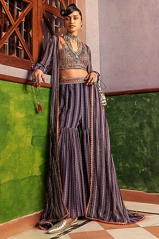 Blue Lurex Georgette Digital Printed Jacket Set by Nadima Saqib