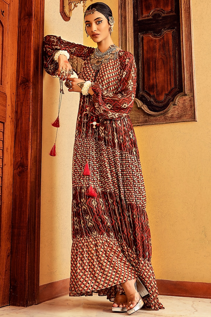 Brown Printed Tiered Dress by Nadima Saqib