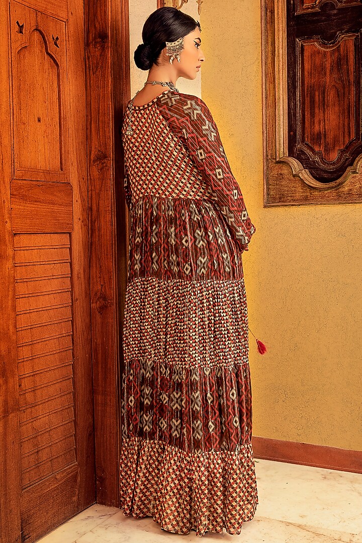 Brown Printed Tiered Vacation Dress by Nadima Saqib at Pernia's Pop Up Shop