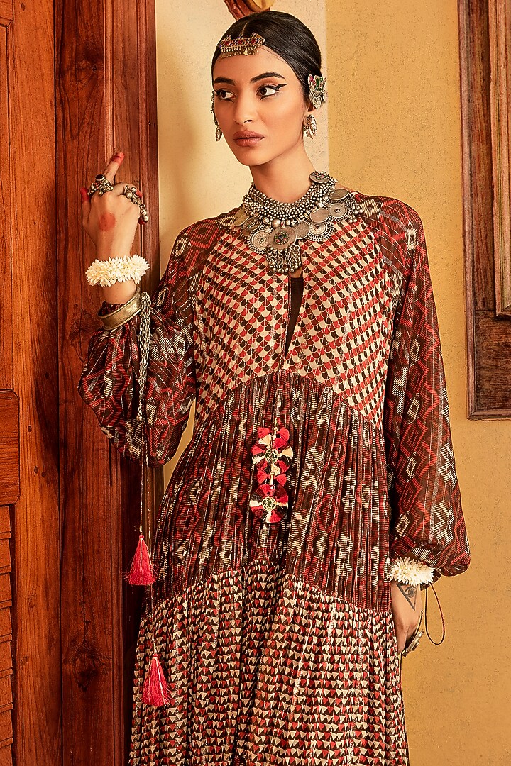 Brown Printed Tiered Vacation Dress by Nadima Saqib at Pernia's Pop Up Shop