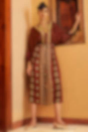 Brown Printed & Embroidered Dress by Nadima Saqib