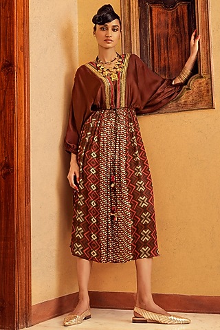 Brown Printed & Embroidered Dress by Nadima Saqib