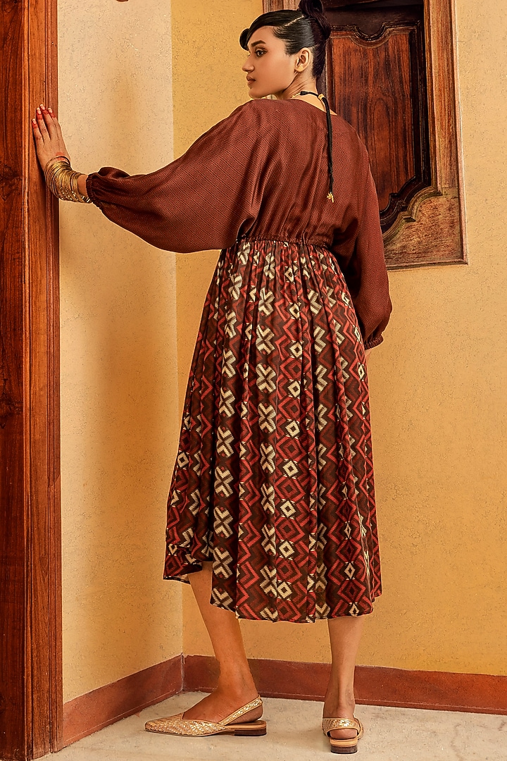 Brown Printed & Embroidered Vacation Dress by Nadima Saqib at Pernia's Pop Up Shop