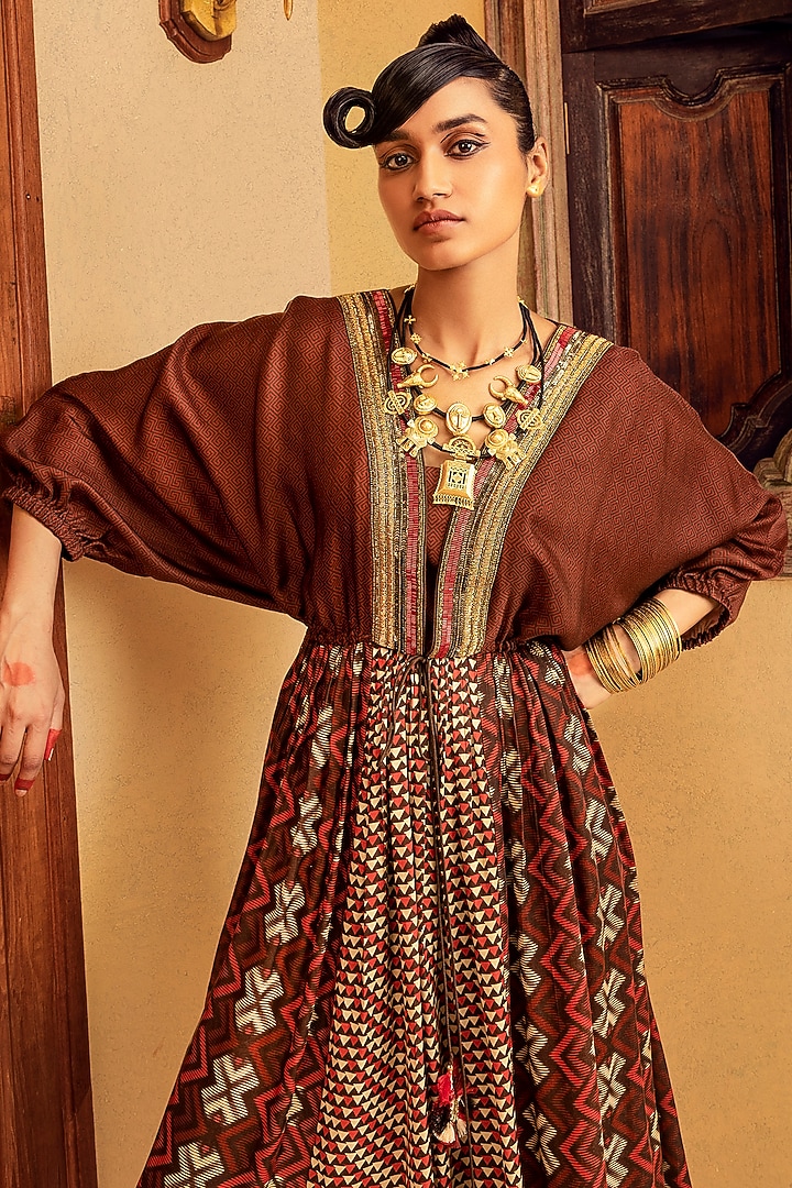 Brown Printed & Embroidered Vacation Dress by Nadima Saqib at Pernia's Pop Up Shop