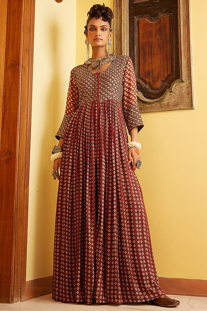 Brown Dress With Print & Embroidery by Nadima Saqib