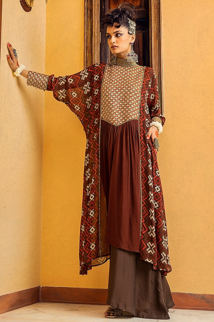 Brown Embroidered & Printed Dress by Nadima Saqib