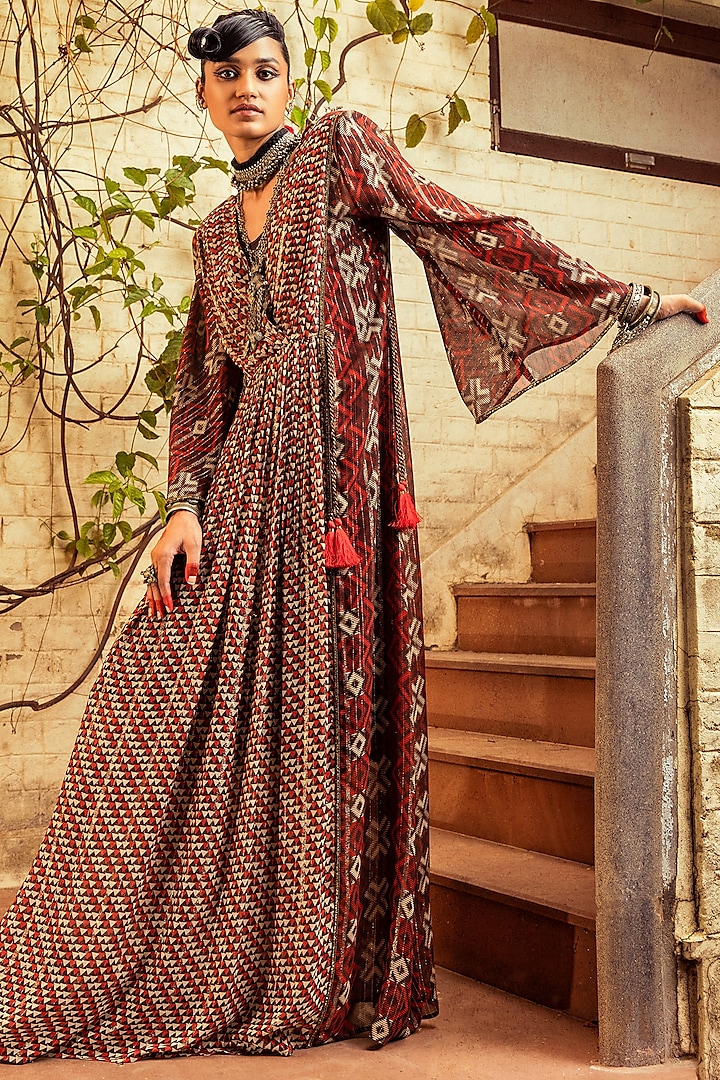 Brown Georgette Printed Dress by Nadima Saqib