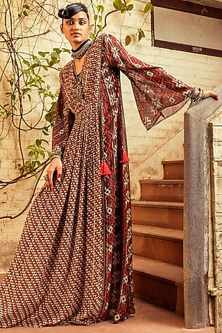 Brown Georgette Printed Dress by Nadima Saqib